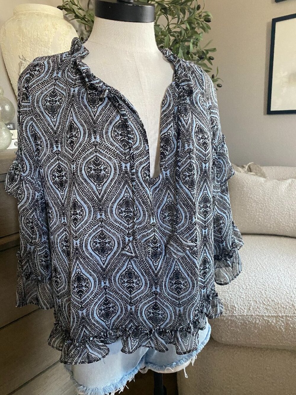 MISA Los Angeles | Blue Boho Peasant Blouse